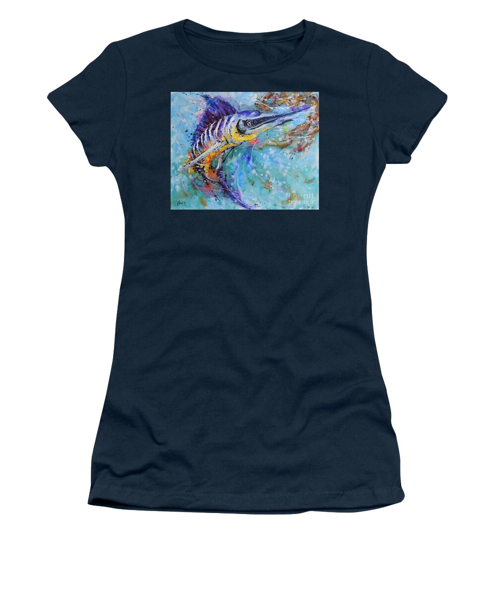 Blue Marlin's Twist Women's T-Shirt featuring the painting Blue Marlin's Twist by Jyotika Shroff