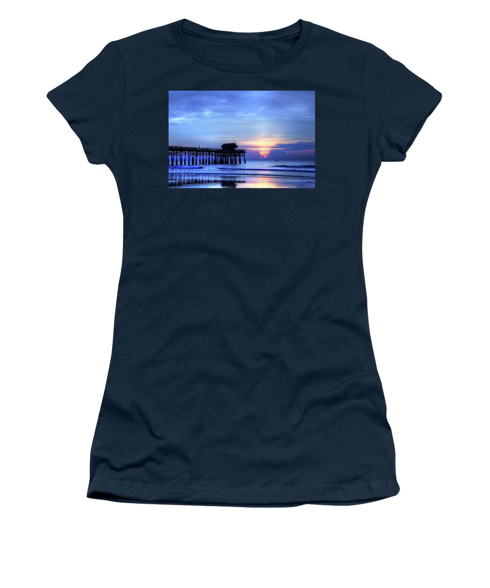 Blue Morning Over Cocoa Beach Pier Women's T-Shirt featuring the photograph Blue Morning Over Cocoa Beach Pier by Carol Montoya