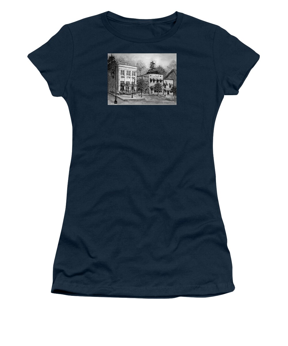 Blue Ridge Women's T-Shirt featuring the painting Blue Ridge Town in BW by Gretchen Allen