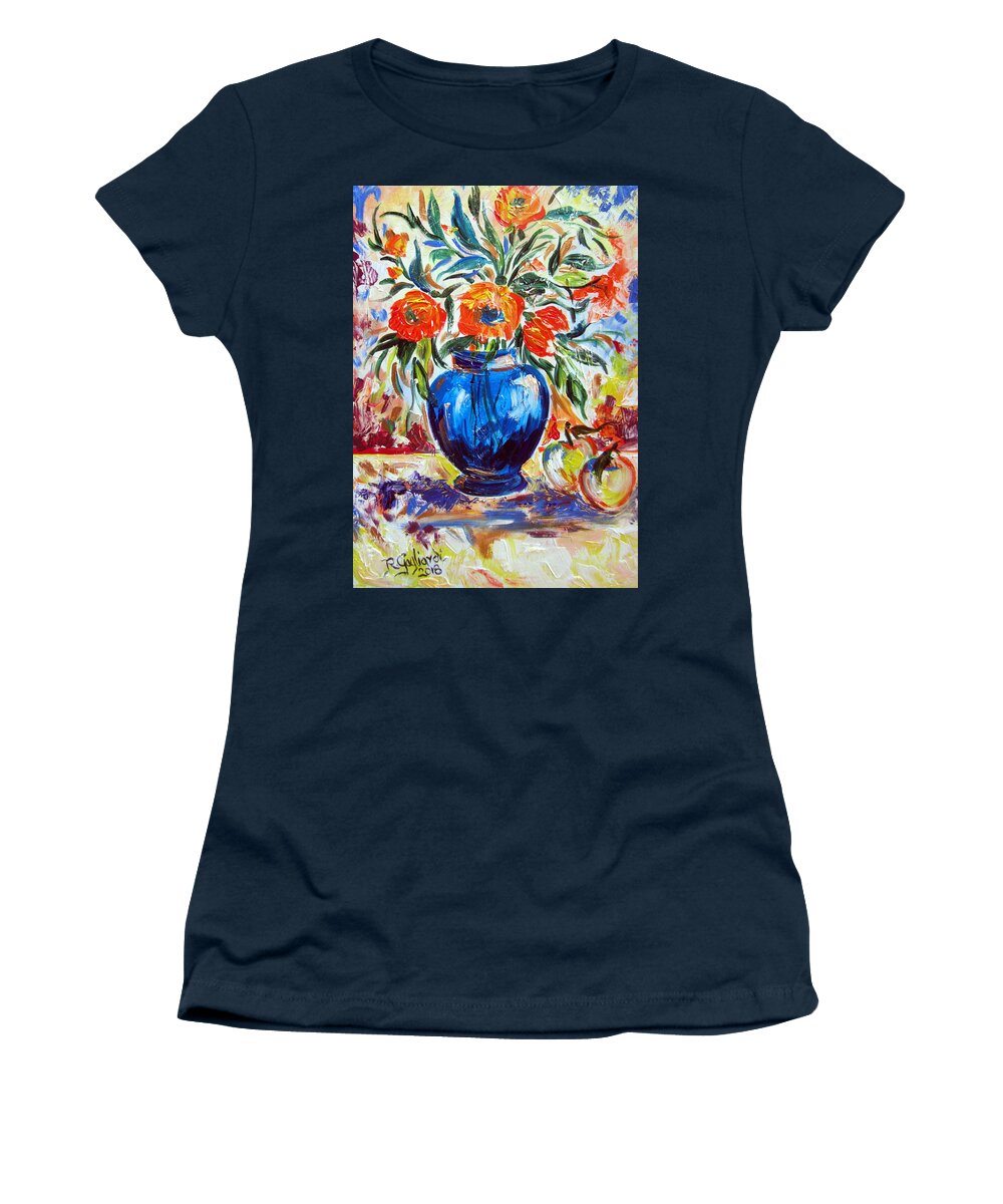 Still Life Women's T-Shirt featuring the painting Blue Vase Flowers and apples by Roberto Gagliardi