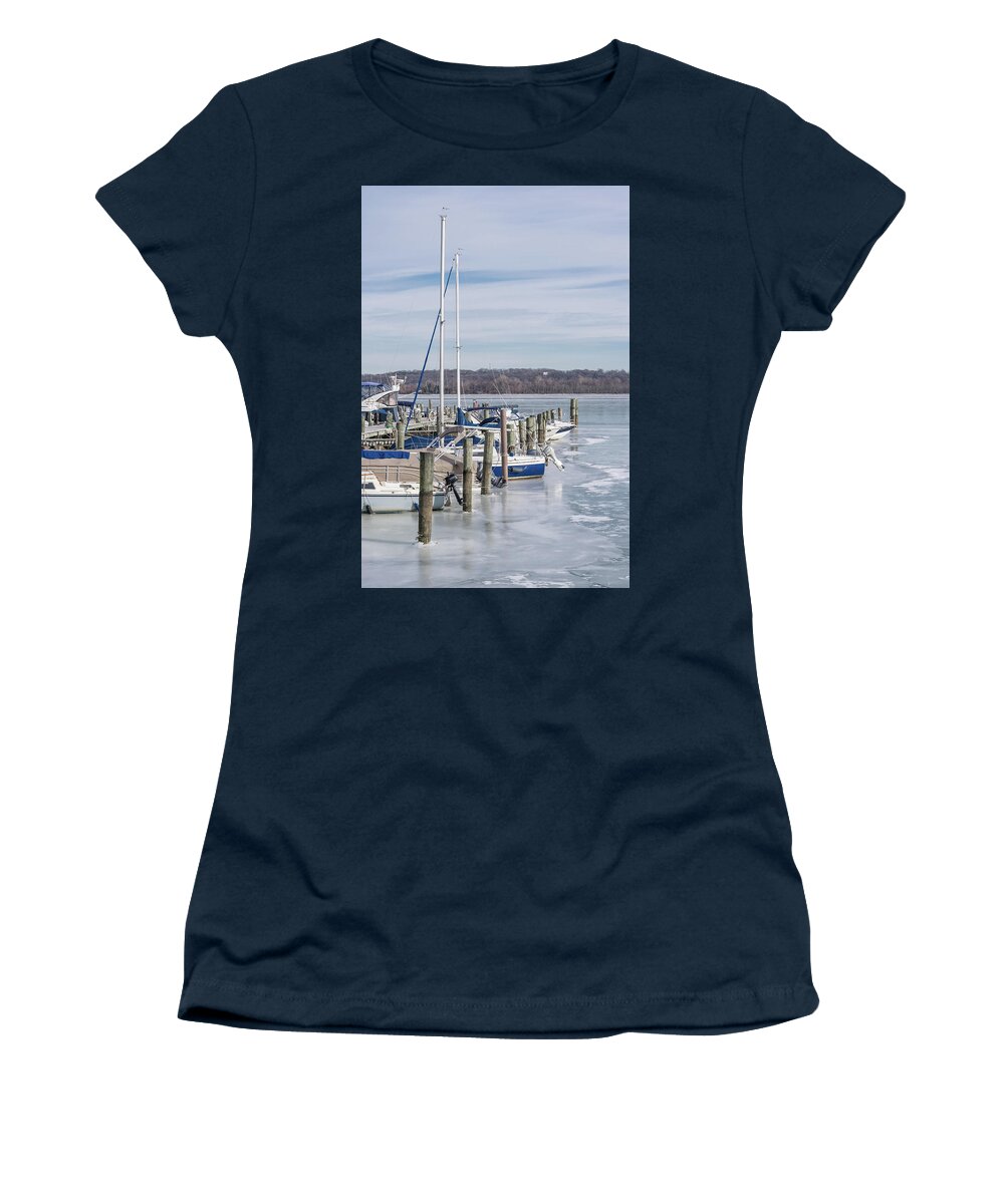 Boats Women's T-Shirt featuring the photograph Boats In Icy Harbor by Liz Albro