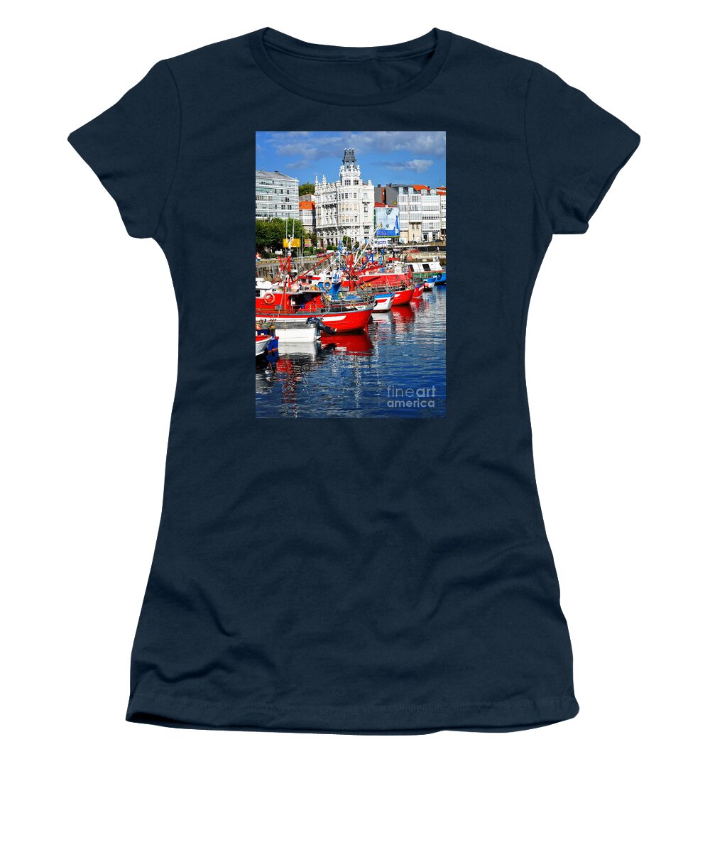 Fishing Boats Women's T-Shirt featuring the photograph Boats in the Harbor - La Coruna by Mary Machare