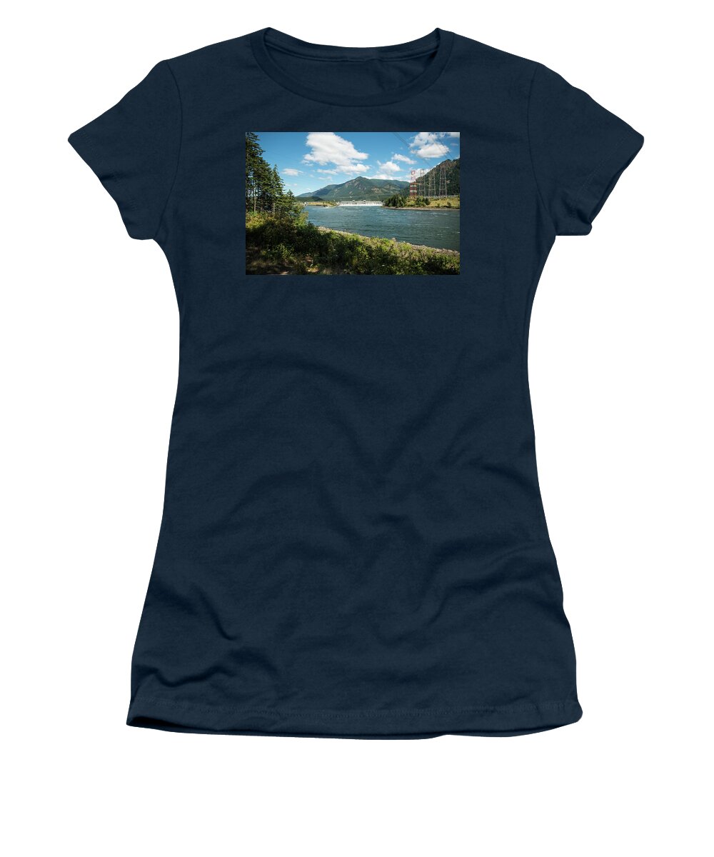 Bonneville Dam Trees And Towers Women's T-Shirt featuring the photograph Bonneville Dam Trees and Towers by Tom Cochran