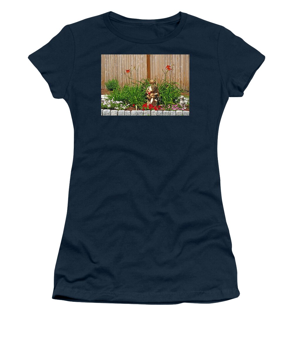 Floral Women's T-Shirt featuring the photograph Boy and Dog in Garden by Barbara McDevitt