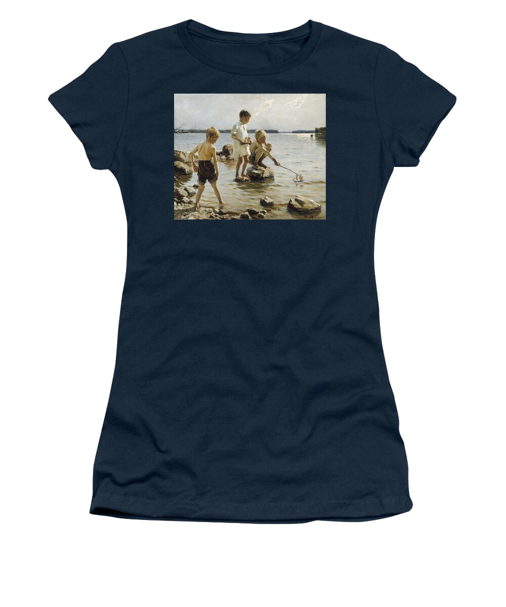 Albert Edelfelt - Boys Playing On The Shore Women's T-Shirt featuring the painting Boys Playing on the Shore by MotionAge Designs