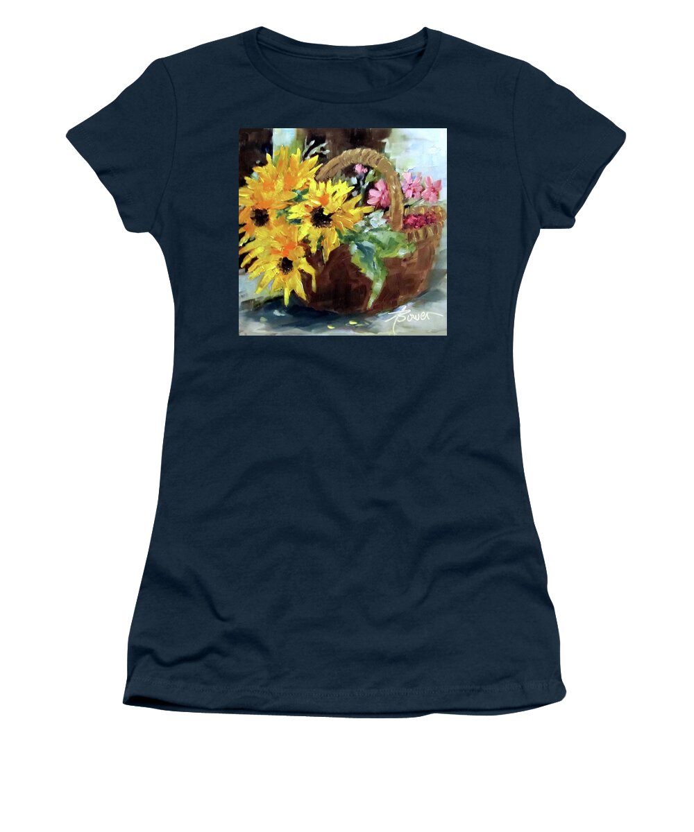 Sunflowers Women's T-Shirt featuring the painting Bringing In The Sunshine by Adele Bower