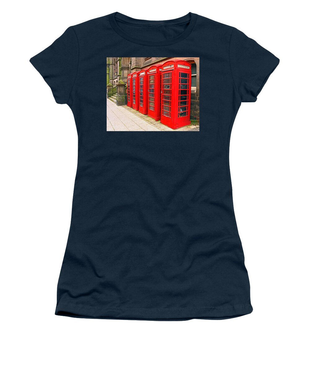 Telephone Boxes Red Town Hall Middlesbrough Traditional Cast Iron Glass Panels White Telephone Signs Dome Roof Women's T-Shirt featuring the photograph British Telephone Box by Jeff Townsend