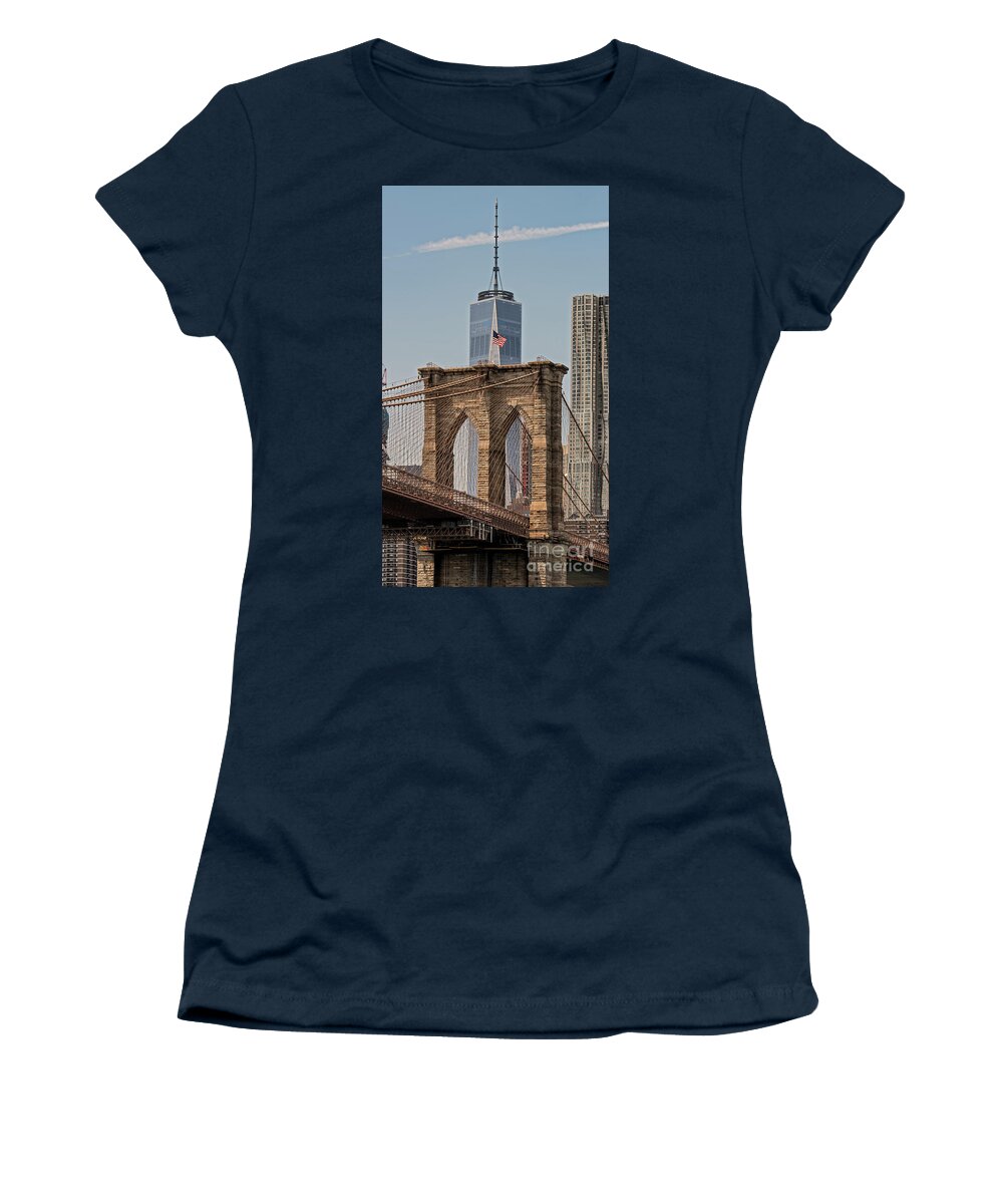 Manhattan Women's T-Shirt featuring the photograph Brooklyn Bridge and One World Trade Center in New York City by David Oppenheimer