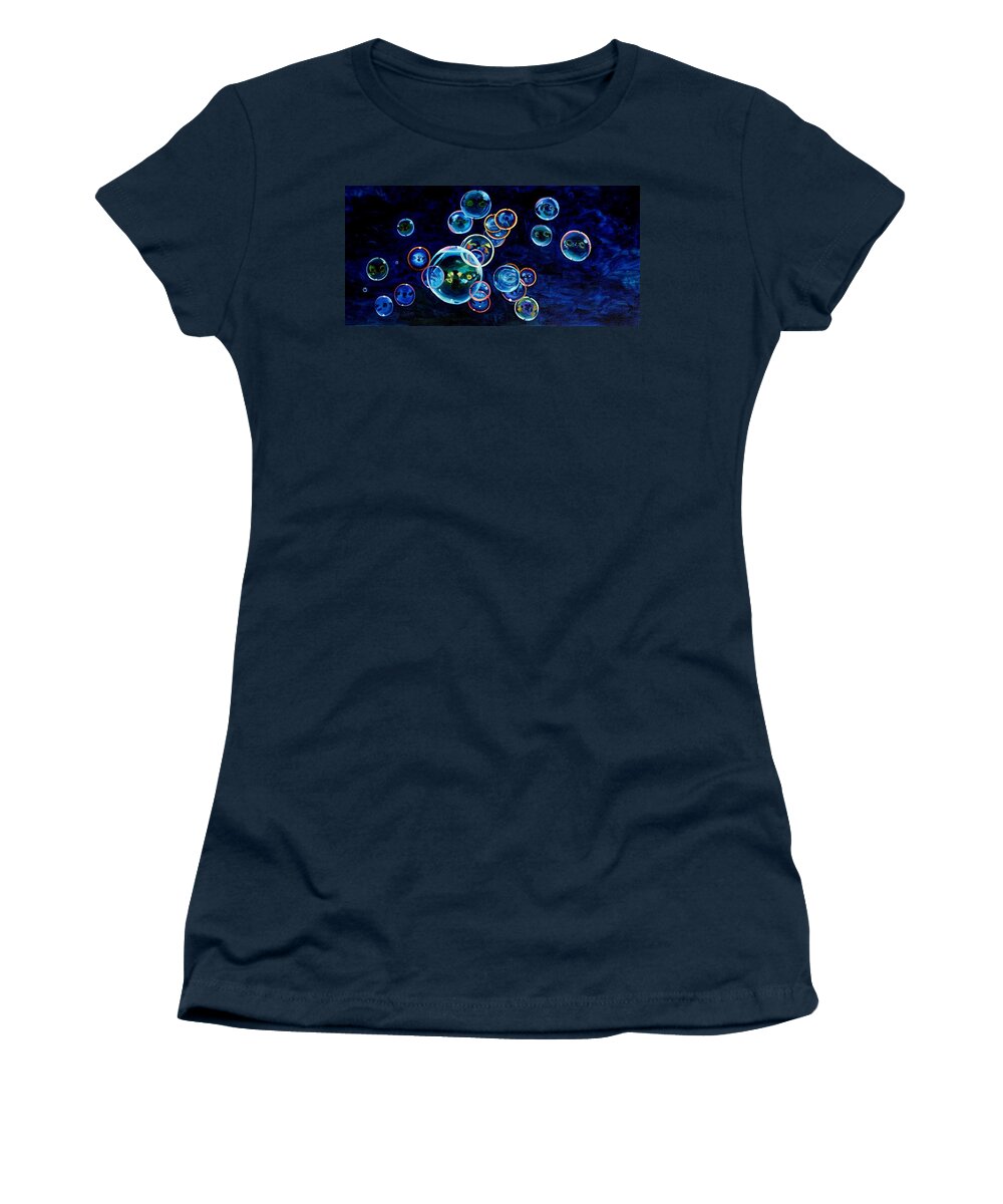 Bubbles Women's T-Shirt featuring the painting Bubbles in Blue by Julie Brugh Riffey