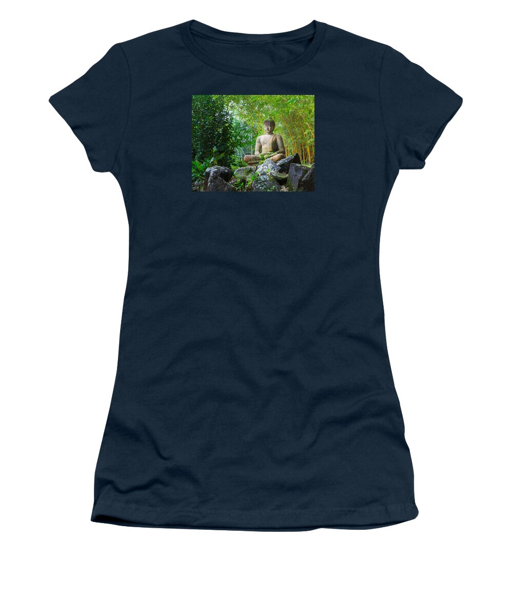 Asian Women's T-Shirt featuring the photograph Buddha statue in bamboo forest by Steven Heap