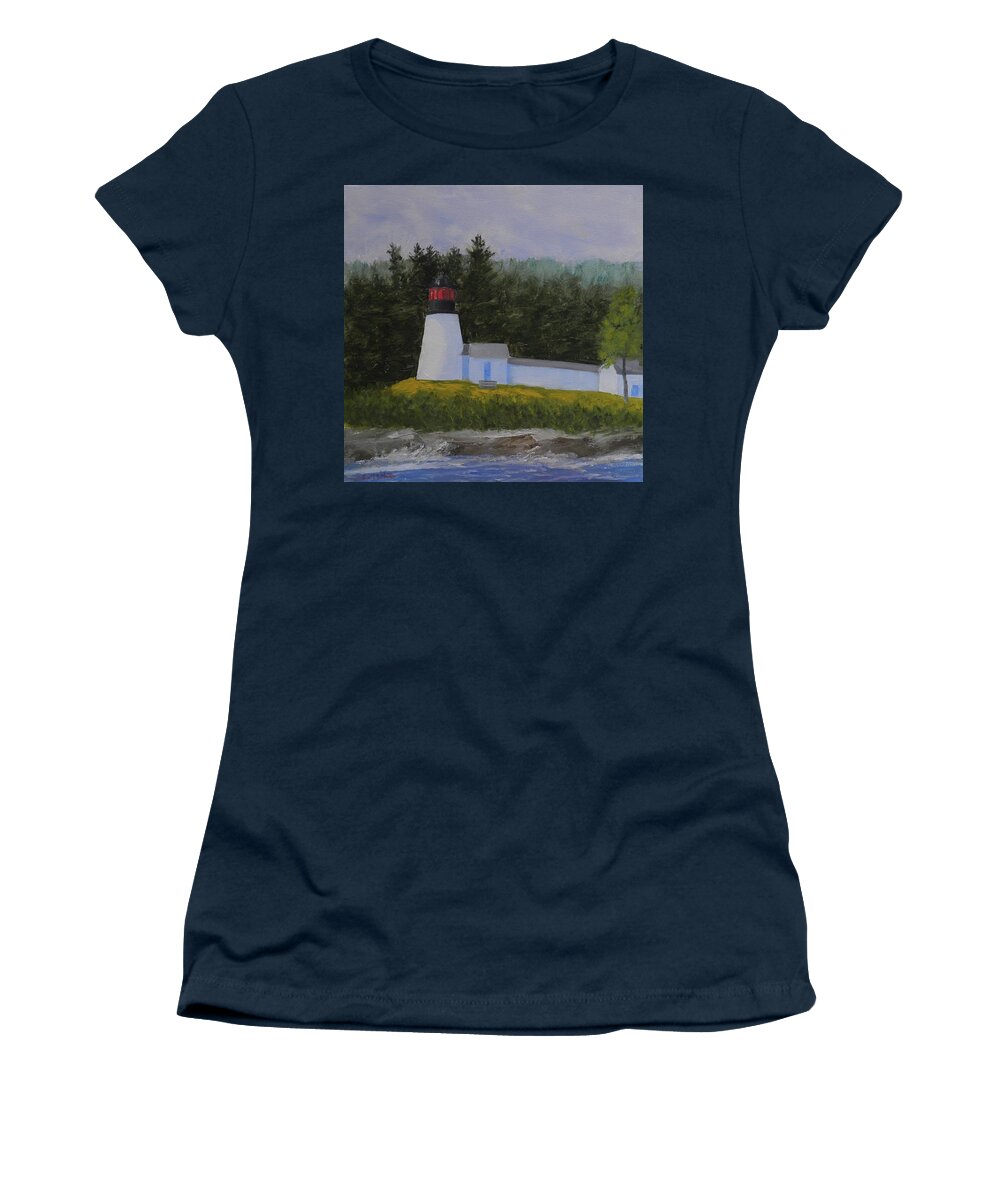 Lighthouse Landscape Ocean Seascape Burnt Island Boothbay Maine Women's T-Shirt featuring the painting Burnt Island Light by Scott W White