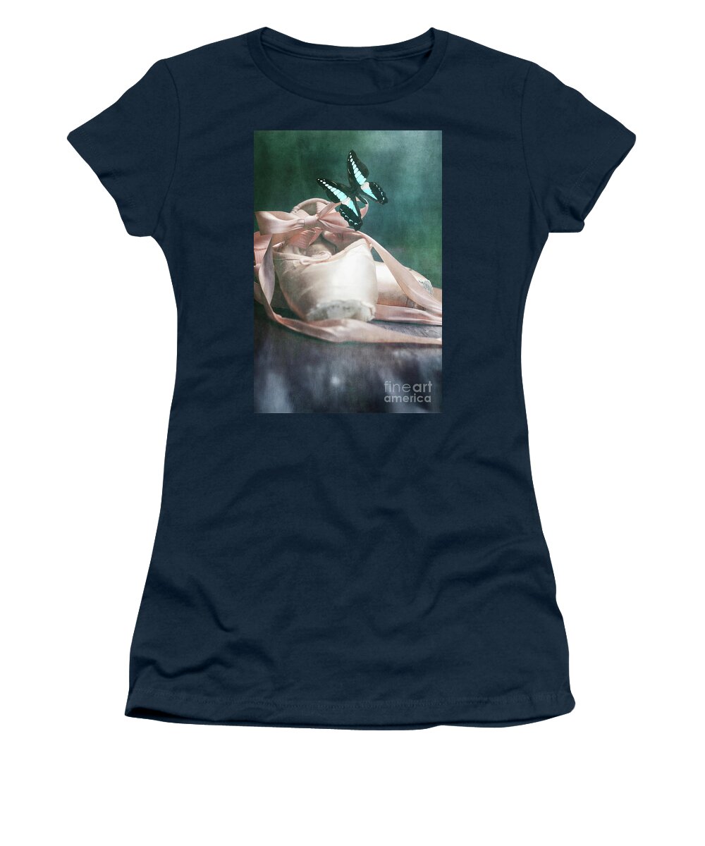 Ballerina Women's T-Shirt featuring the photograph Butterfly and Ballerina Pointe Shoes by Stephanie Frey