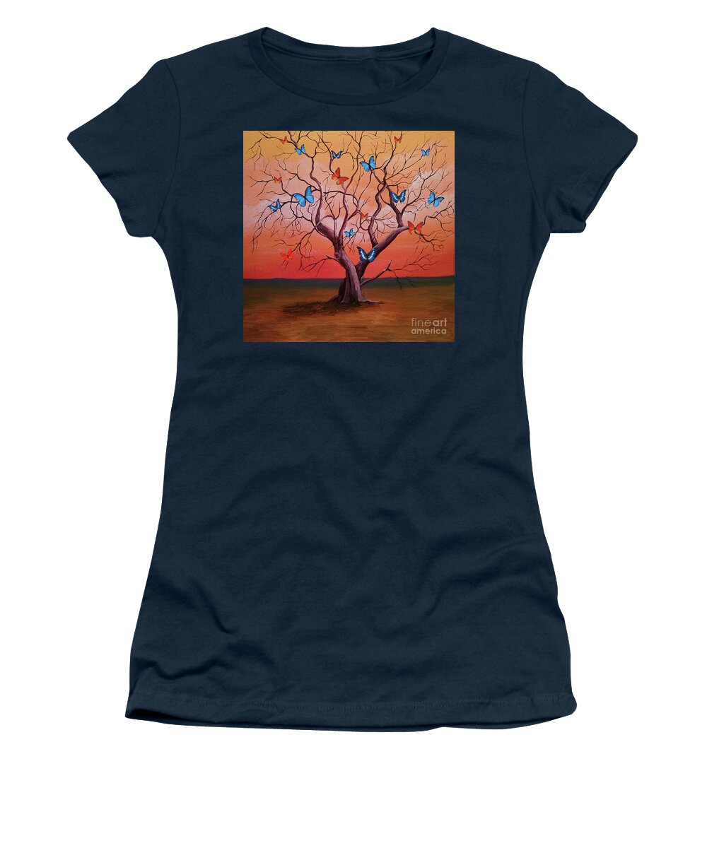 Painting Women's T-Shirt featuring the painting Butterfly tree by Gull G