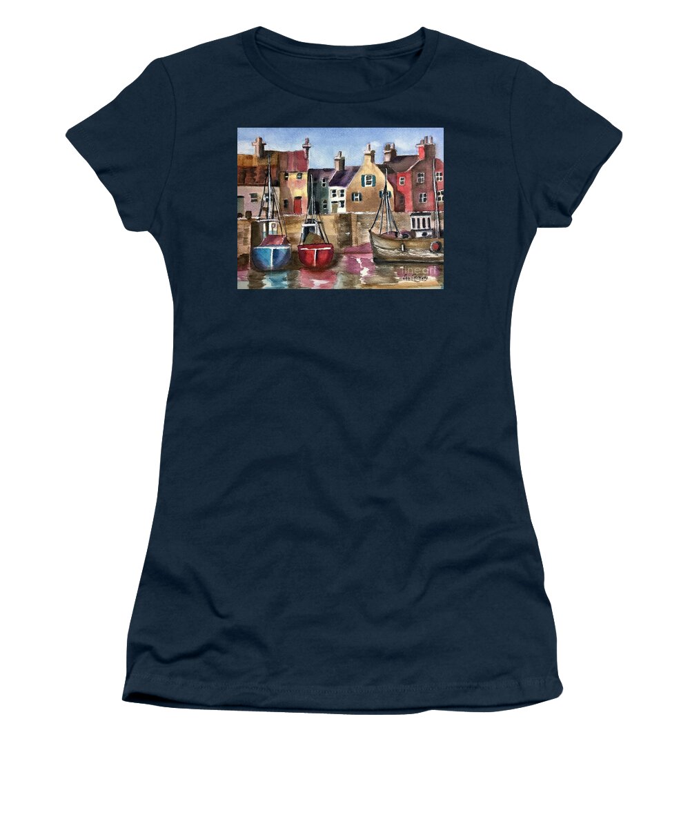 Boats Women's T-Shirt featuring the painting By the Harbor by Sue Carmony