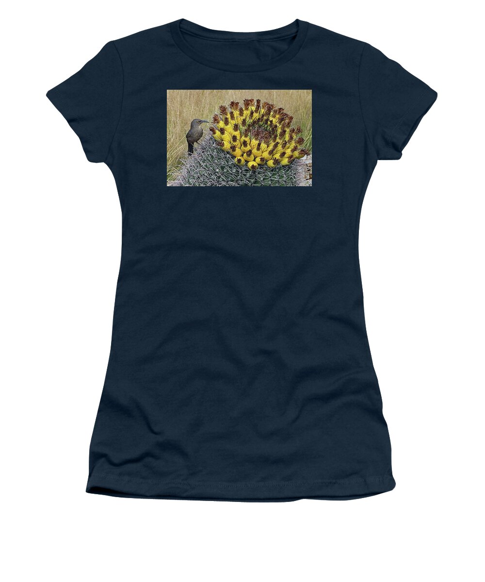 Curve-billed Thrasher Women's T-Shirt featuring the photograph Cactus And Curve-billed Thrasher by Hazel Vaughn