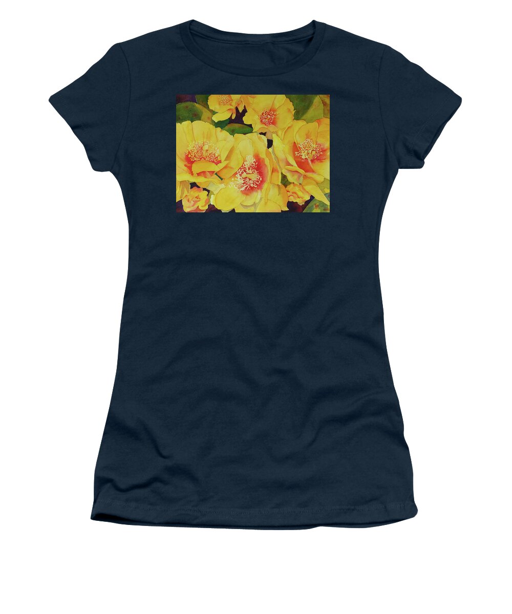 Yellow Women's T-Shirt featuring the painting Cactus Flowers by Judy Mercer