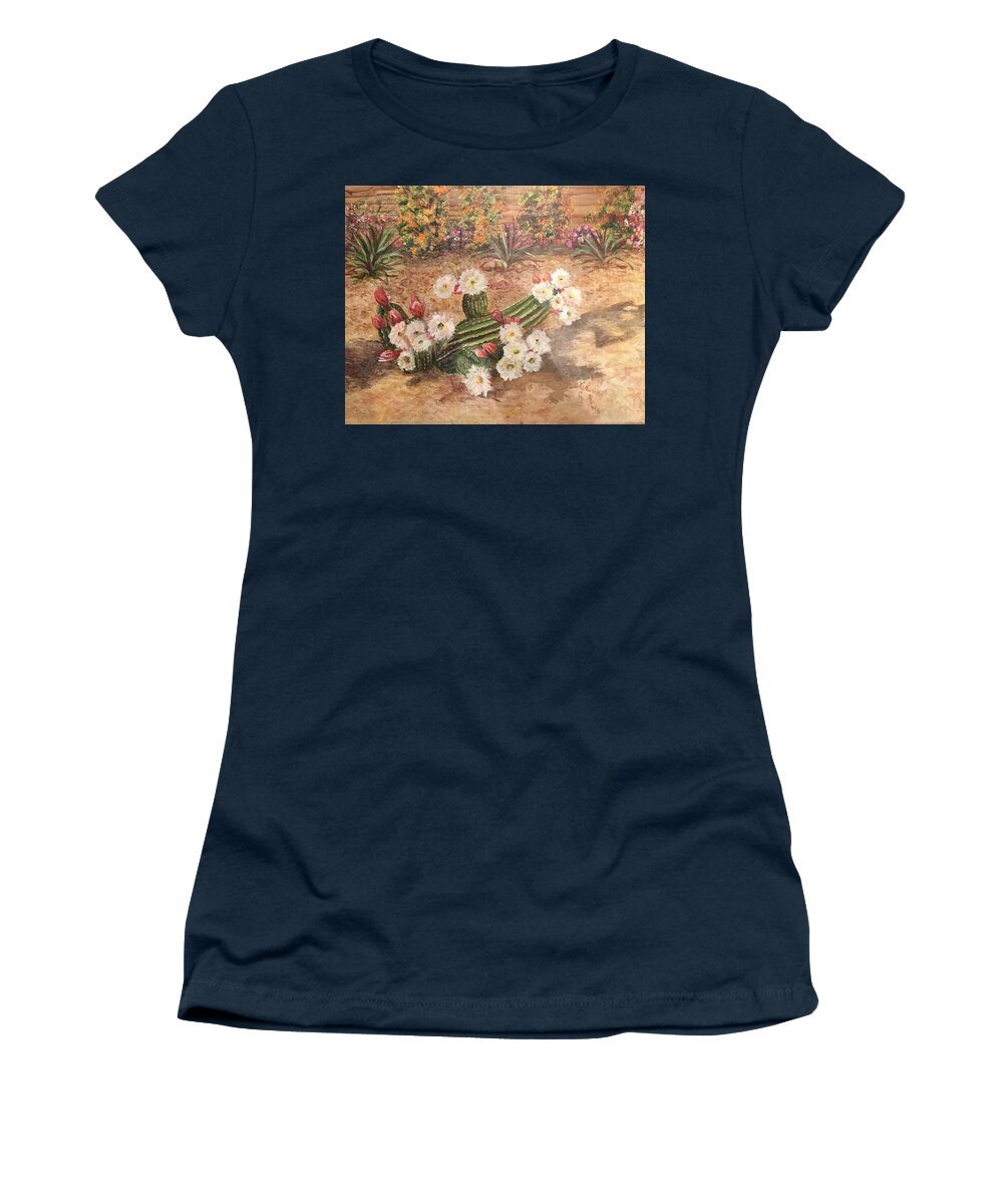 A Back Yard Cactus Growing Among The Flowers. Beige White Yellow Women's T-Shirt featuring the painting Cactus Garden by Charme Curtin