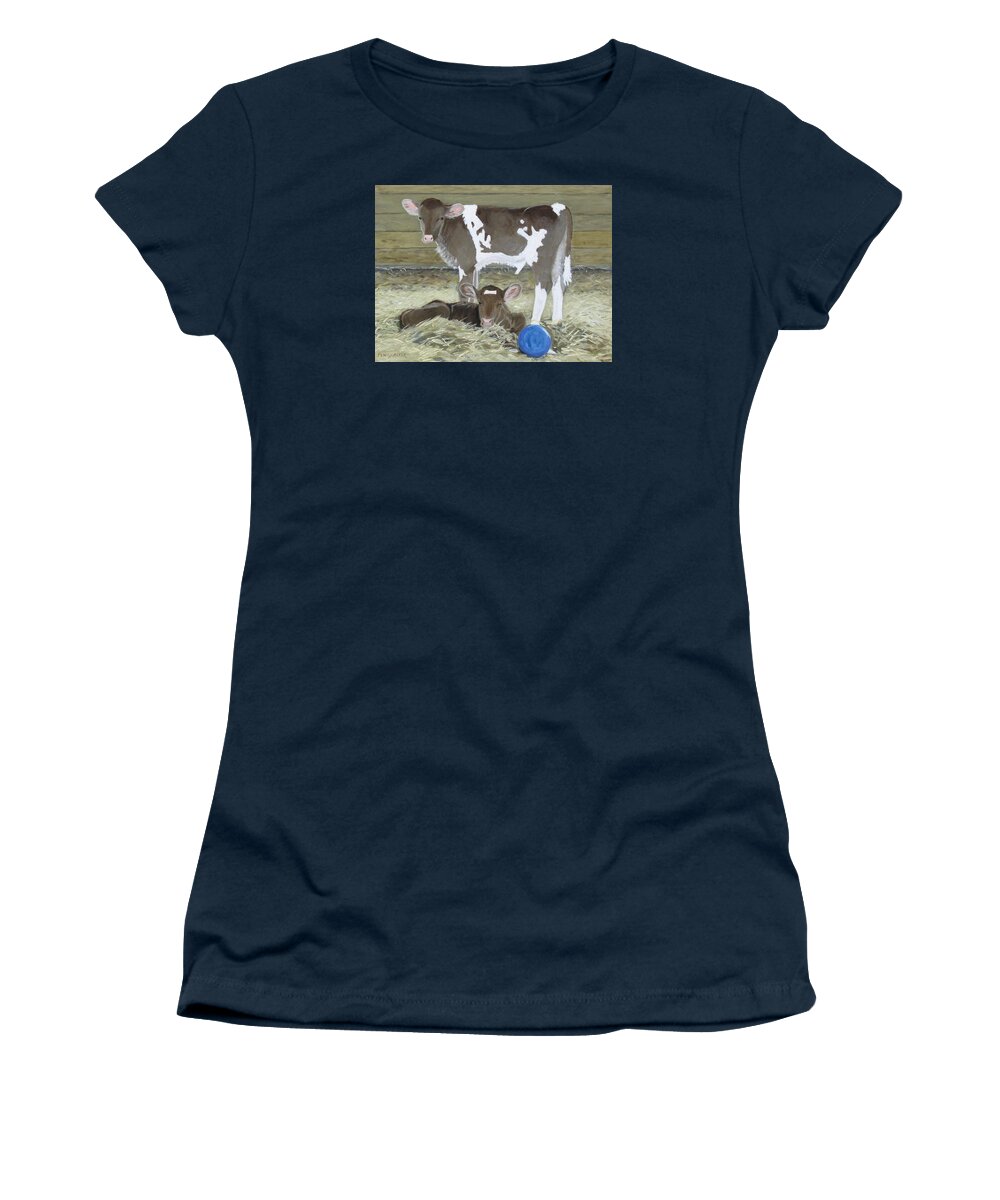 Guernsey Calves Women's T-Shirt featuring the painting Calves Playing with a Blue Ball by Barb Pennypacker
