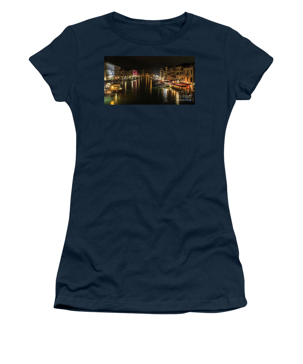 Boat Women's T-Shirt featuring the photograph Canal in venice by night, in Italy, view from the Rialto bridge by Amanda Mohler