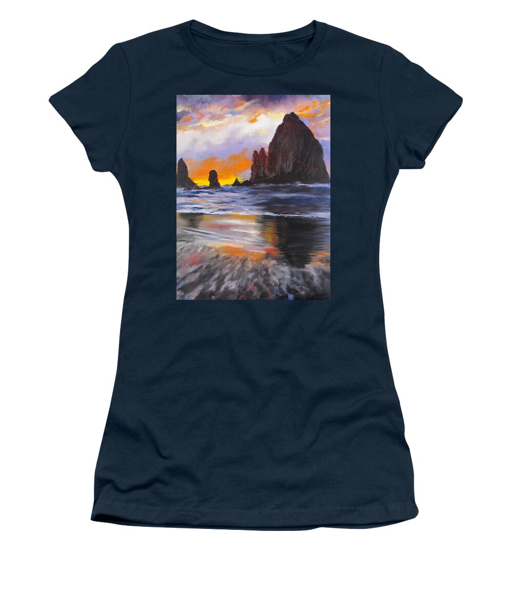 Cannon Beach Women's T-Shirt featuring the painting Cannon Beach Sunset by Valerie Curtiss