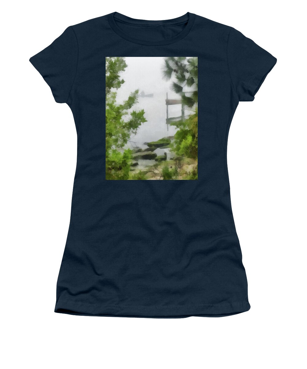 Lagoon Women's T-Shirt featuring the digital art Canoe in Lake Fog by Frances Miller