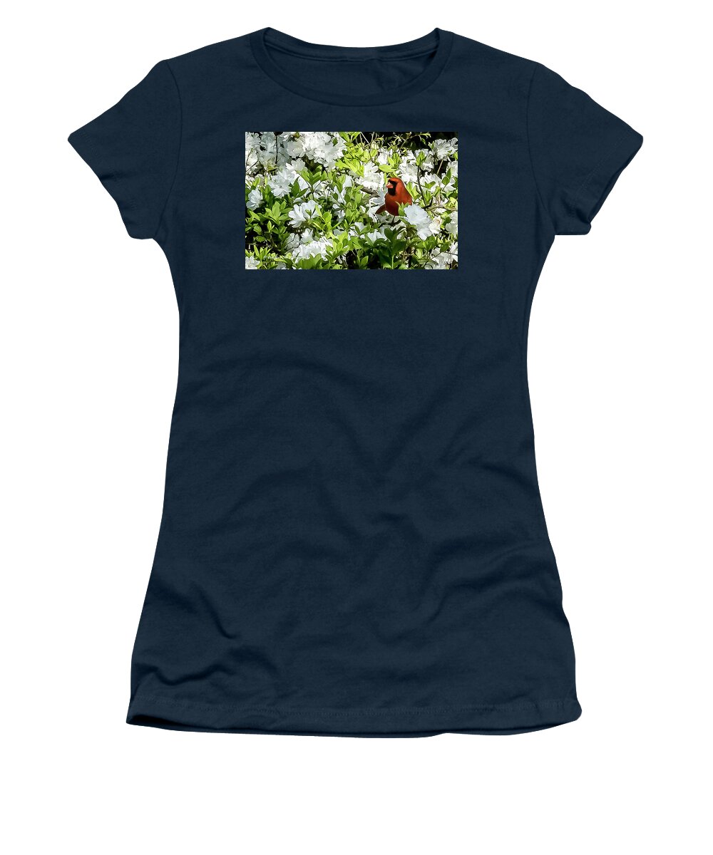 Flowers Women's T-Shirt featuring the photograph Cardinal and Azaleas by Ed Stines