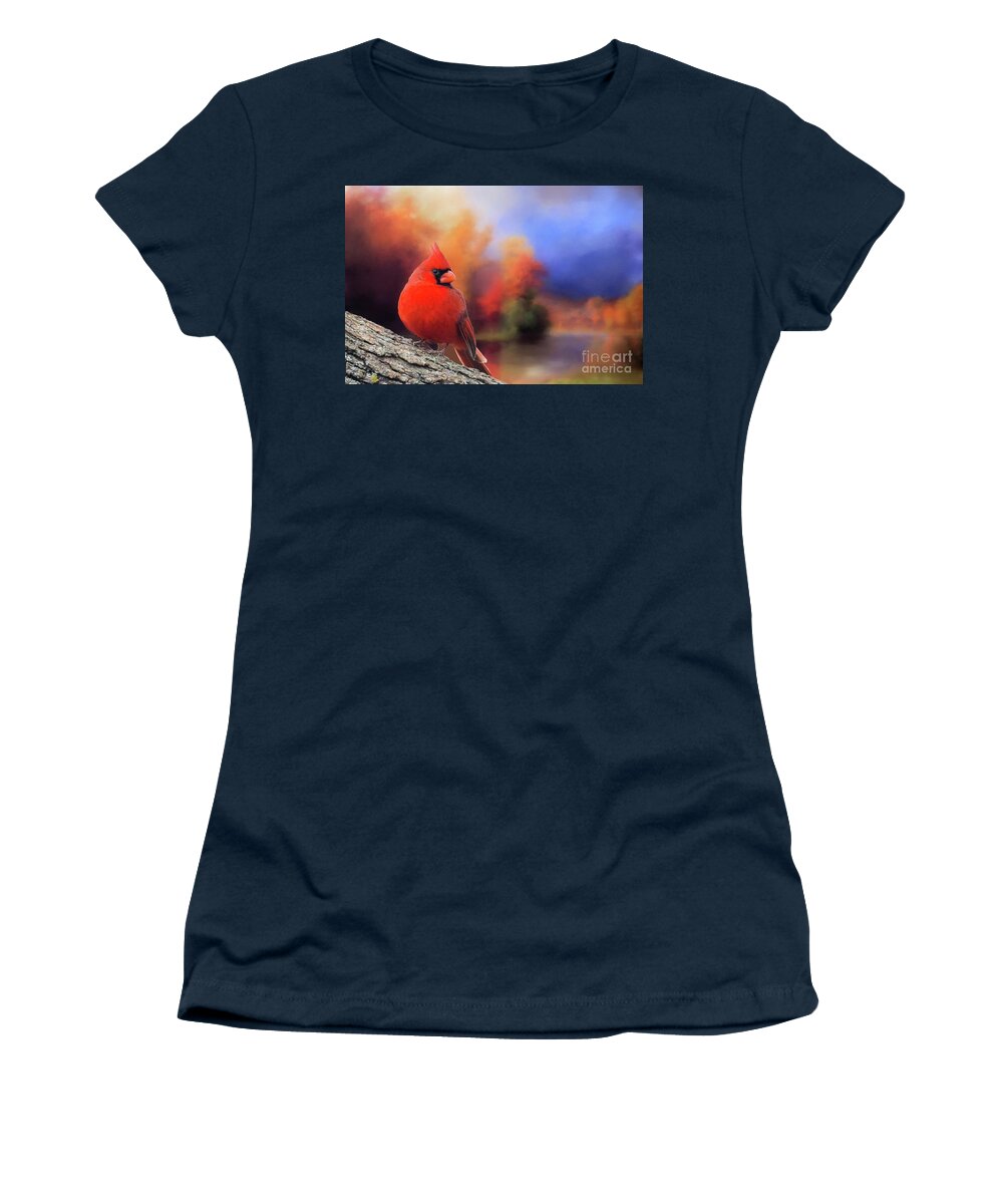 Male Women's T-Shirt featuring the photograph Cardinal in Autumn by Janette Boyd