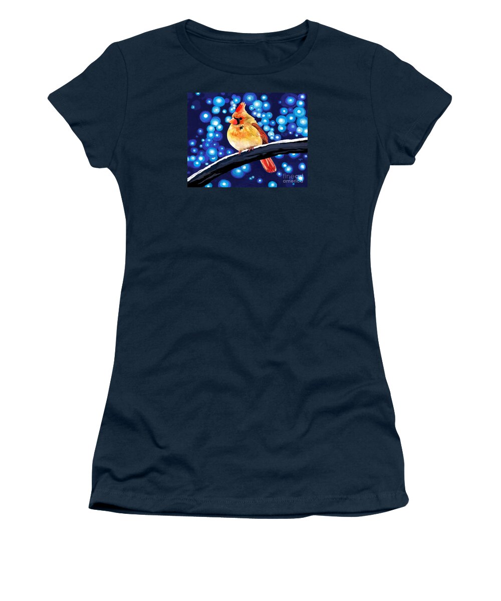 Cardinal Women's T-Shirt featuring the painting Cardinal Mama Snowfall by Jackie Case