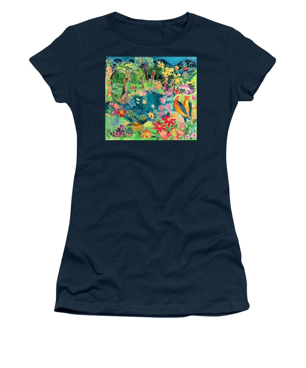 Parrot; Hummingbird; Butterfly; Macaw; Tropical; Rainforest Women's T-Shirt featuring the painting Caribbean Jungle by Hilary Simon