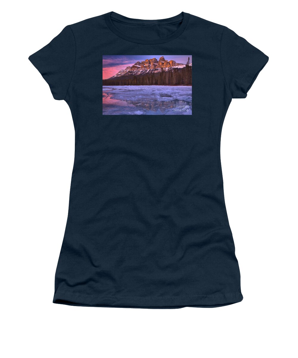 Castle Mountain Women's T-Shirt featuring the photograph Castle Mountain Purple Skies by Adam Jewell