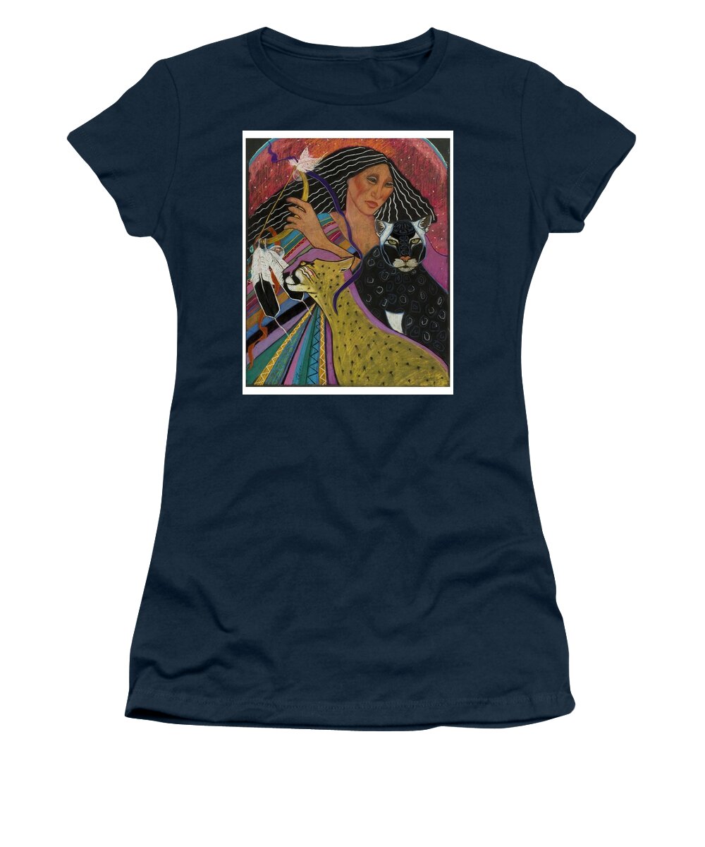 This Beautiful Mayan Woman Dances With Her Rattle And Cats Under The Moon Black Panther And Cheetah Central American Shamaness. Pastel Painting On Sandpaper Fantasy Women's T-Shirt featuring the pastel Cat Woman From Palenque by Pamela Mccabe