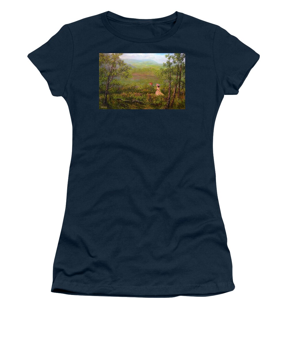 Girl Women's T-Shirt featuring the painting Catching Butterflys by Michael Mrozik