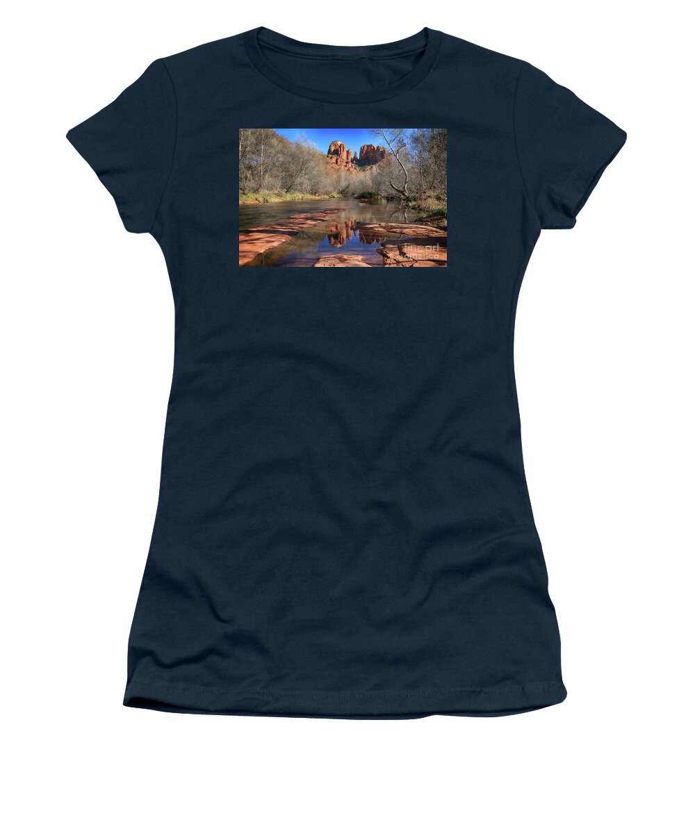 Cathedral Rock Women's T-Shirt featuring the photograph Cathedral Rock Reflections by Teresa Zieba