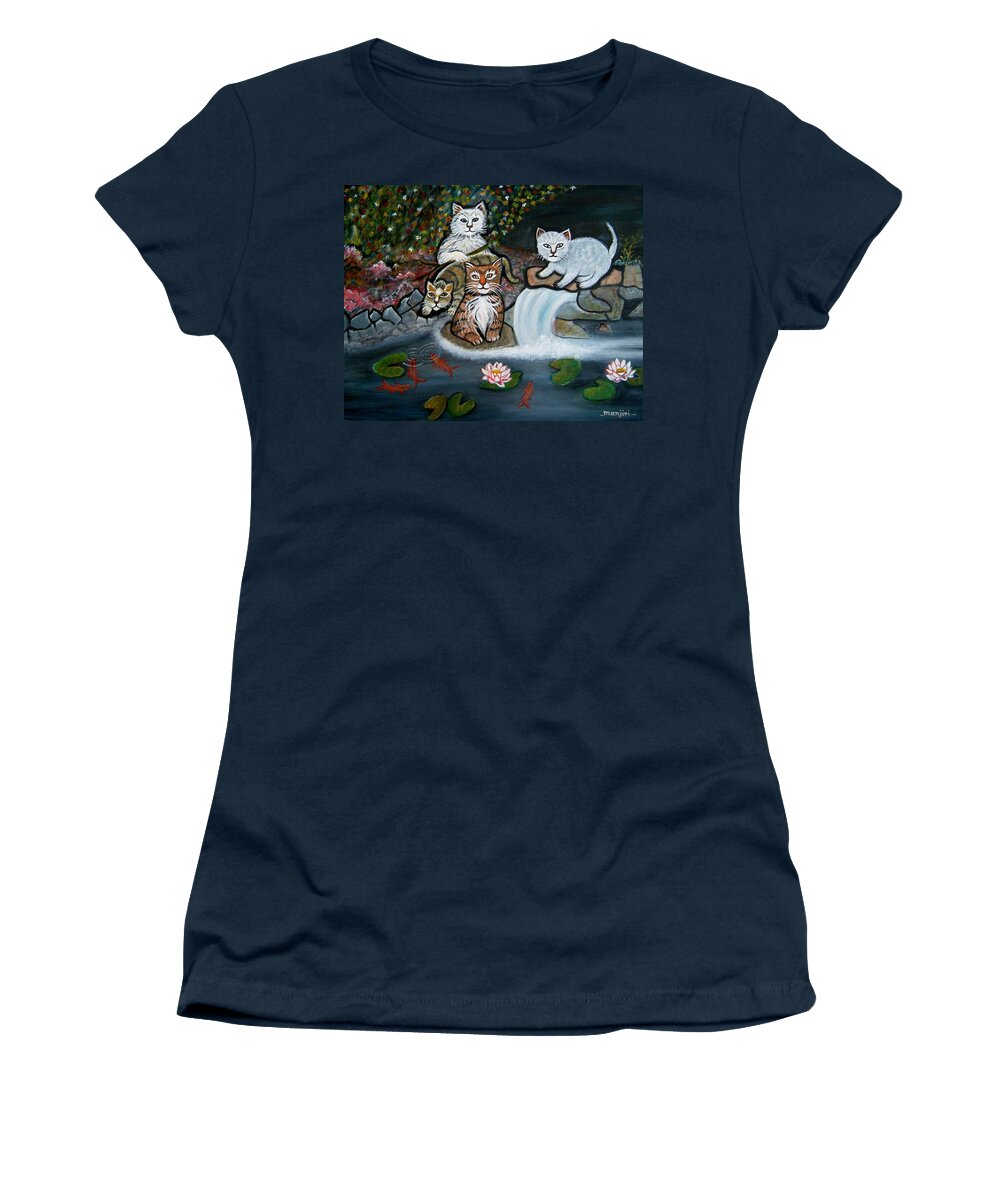 Acrylic Art Landscape Cats Animals Figurative Waterfall Fish Trees Women's T-Shirt featuring the painting Cats In The Wild by Manjiri Kanvinde