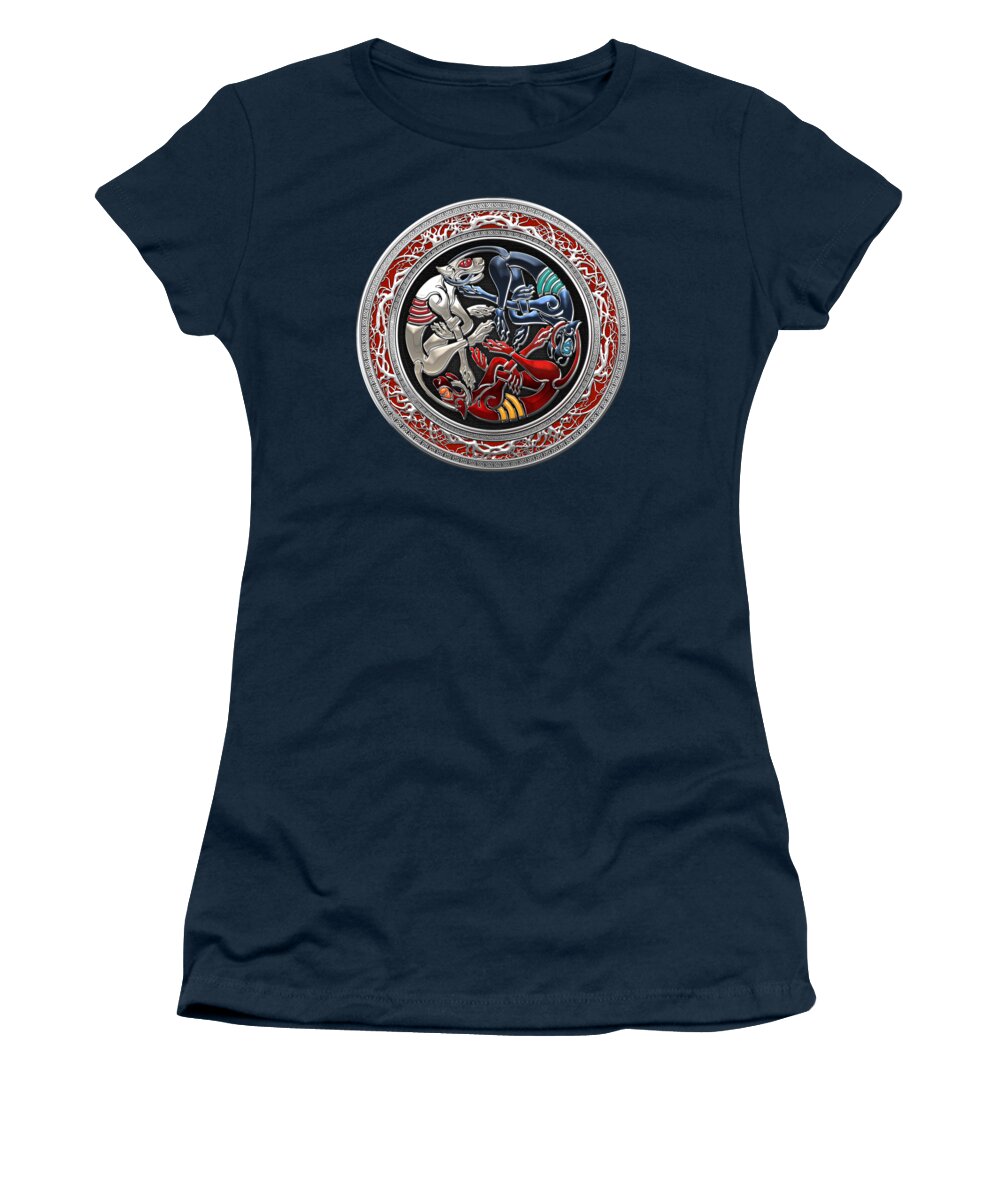 ‘celtic Treasures’ Collection By Serge Averbukh Women's T-Shirt featuring the digital art Celtic Treasures - Three Dogs on Silver and Blue Leather by Serge Averbukh