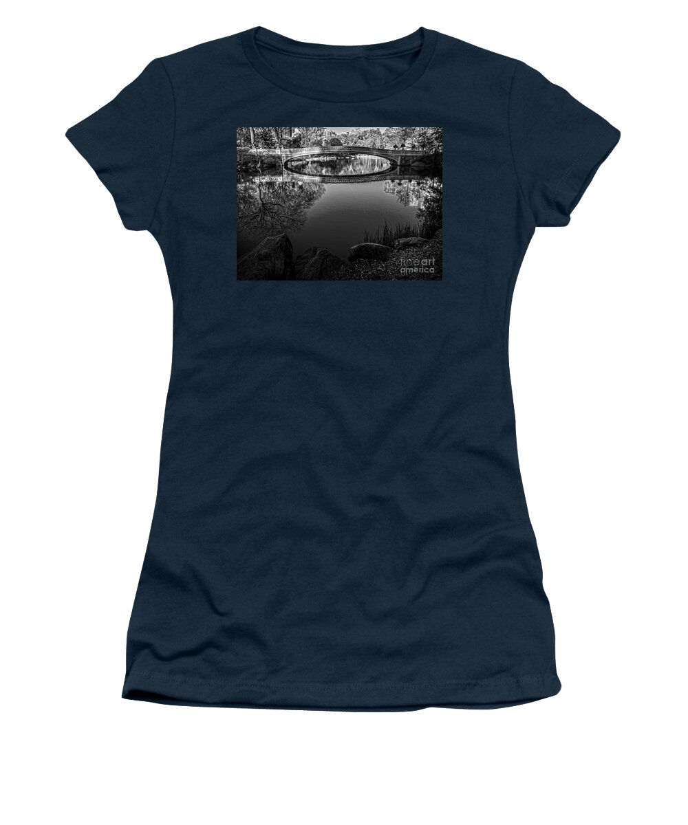 Central Park Women's T-Shirt featuring the photograph Central Park's Bow Bridge - BW by James Aiken