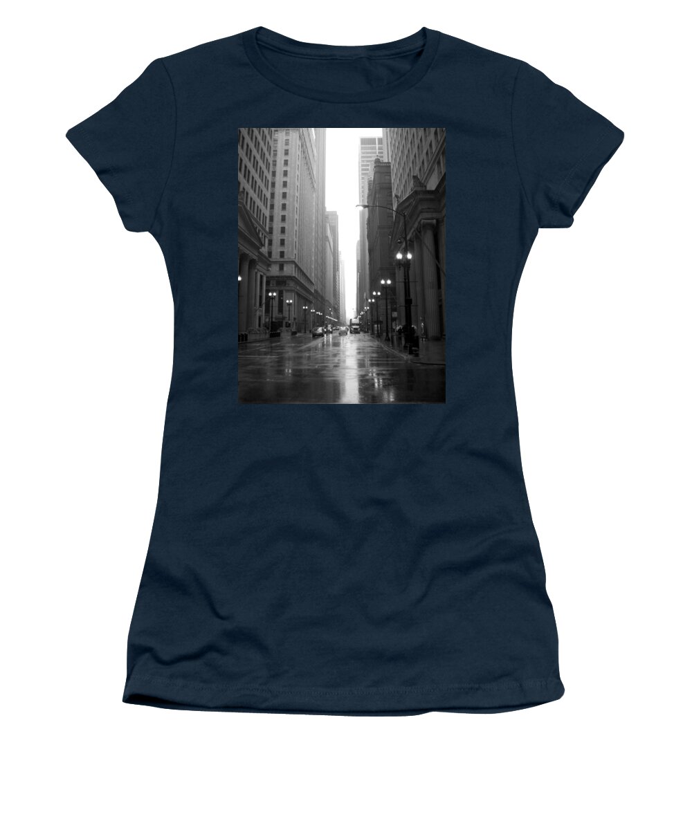 Chicago Women's T-Shirt featuring the photograph Chicago in the rain 2 b-w by Anita Burgermeister