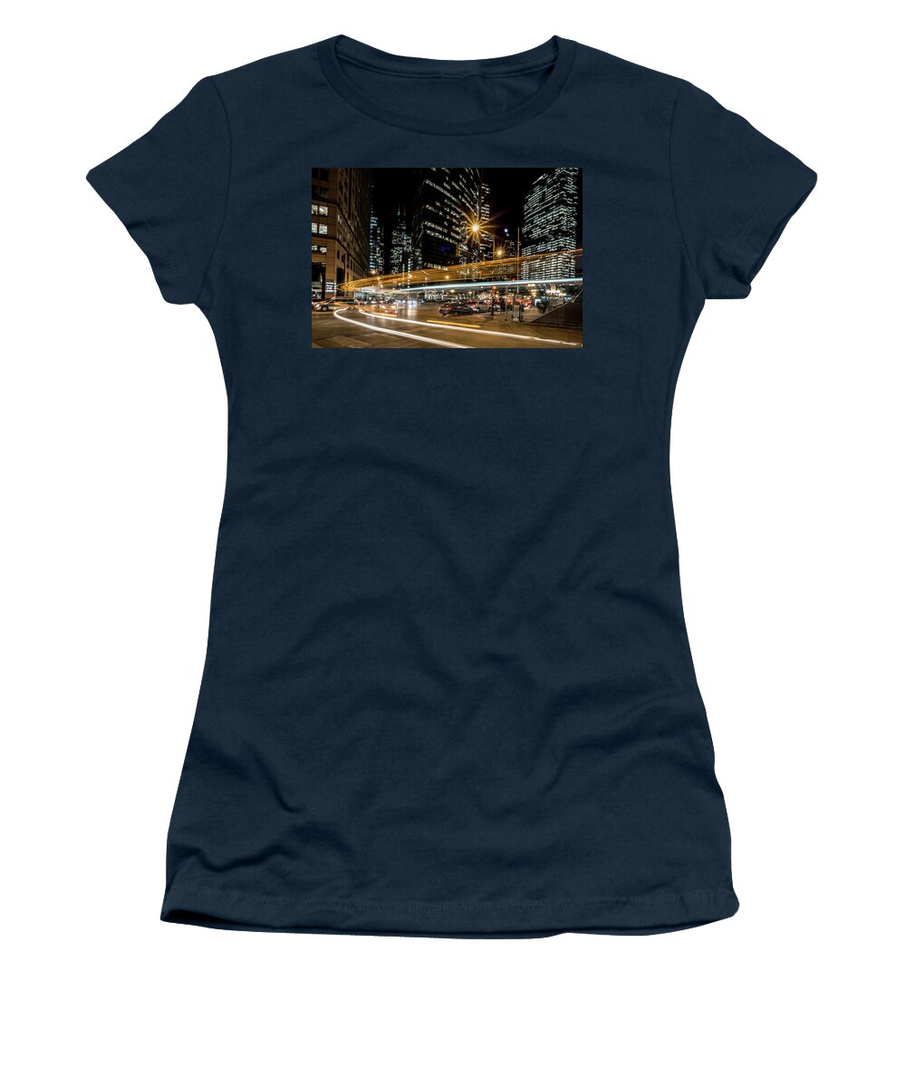Chicago Women's T-Shirt featuring the photograph Chicago Nighttime time exposure by Sven Brogren