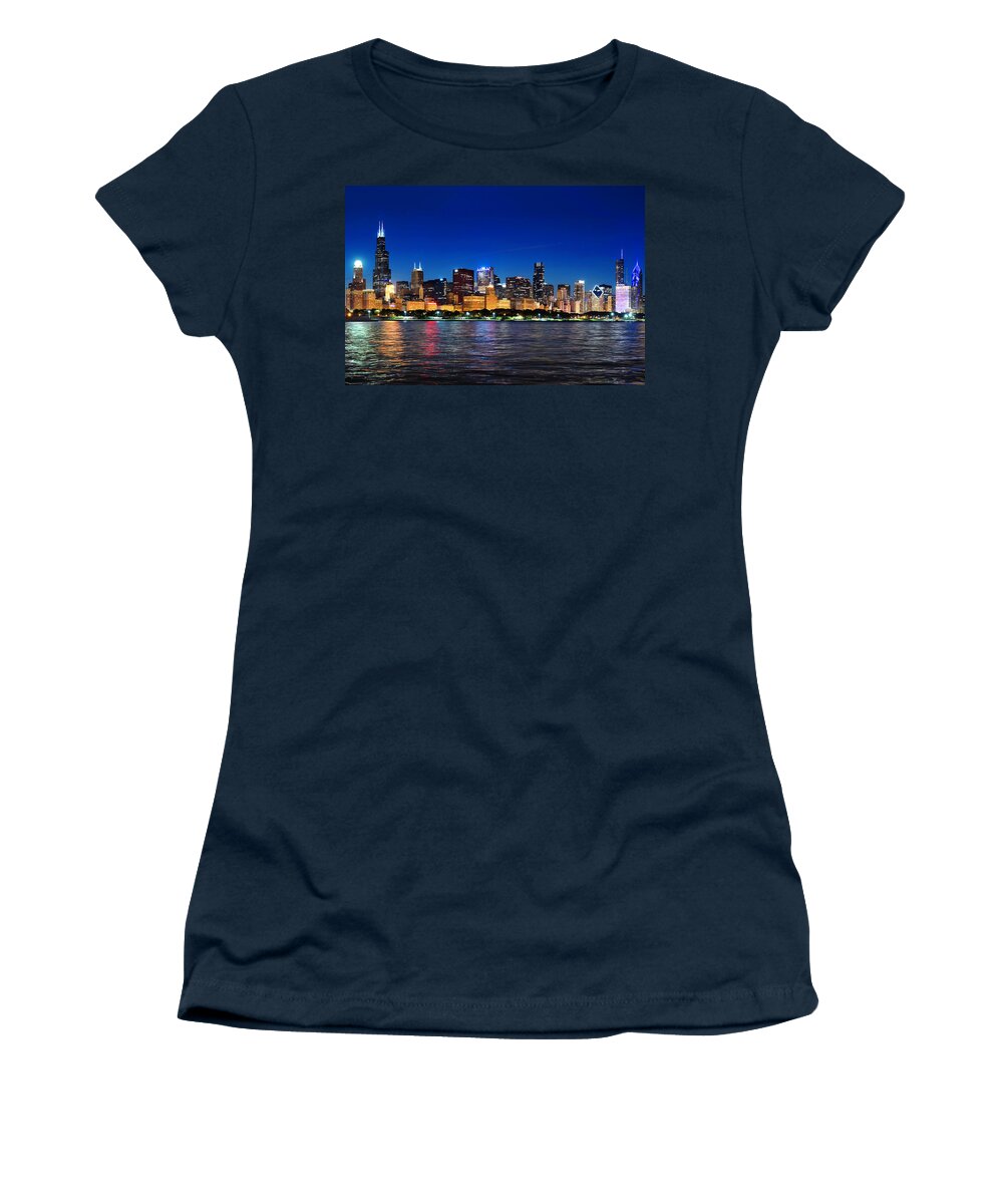 Chicago Skyscrapers Women's T-Shirt featuring the photograph Chicago Shorline at Night by Judith Barath