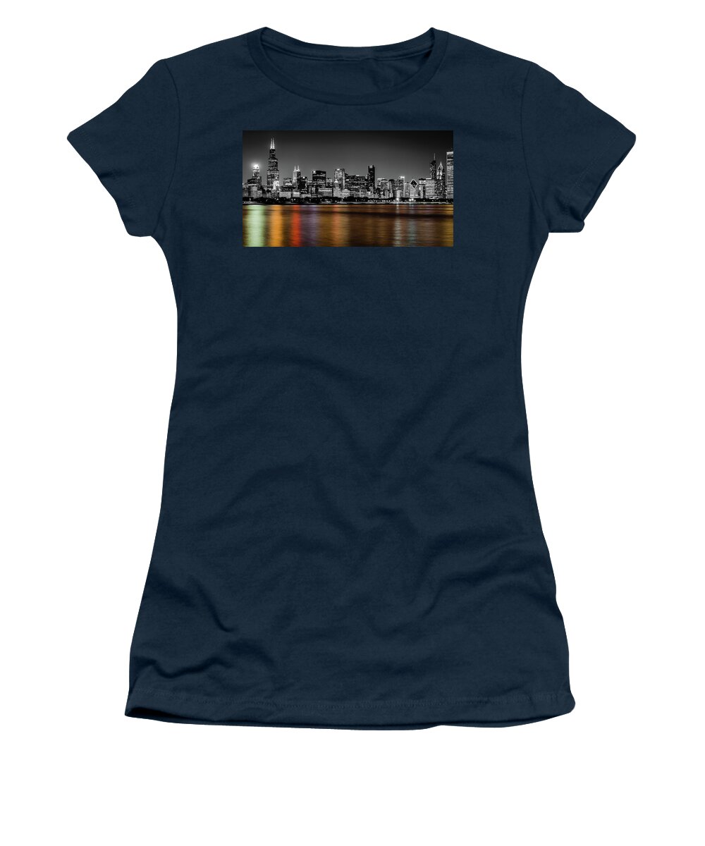 Chicago Women's T-Shirt featuring the photograph Chicago Skyline - Black and White with Color Reflection by Anthony Doudt