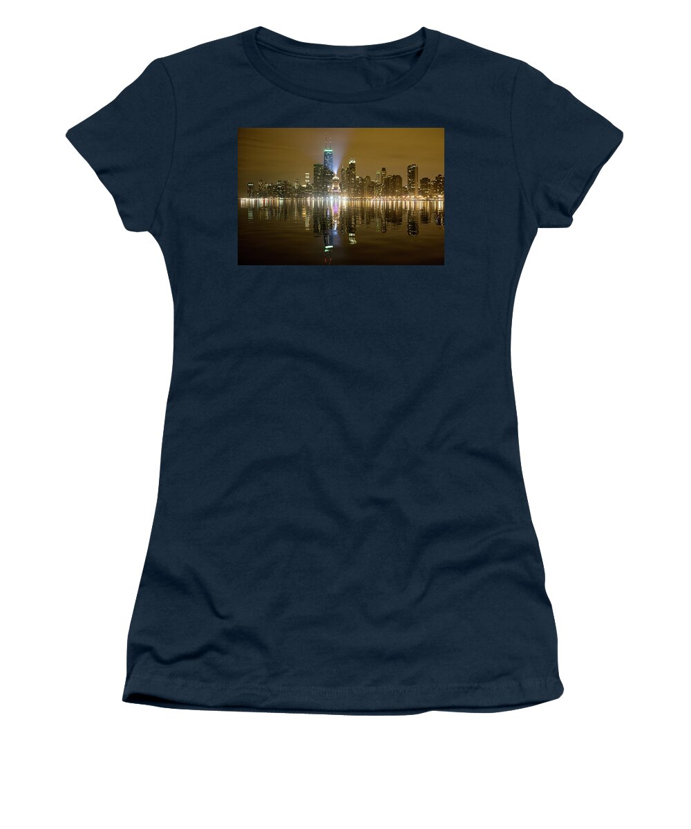 Architecture Women's T-Shirt featuring the photograph Chicago Skyline with Lindbergh Beacon on Palmolive Building by Peter Ciro