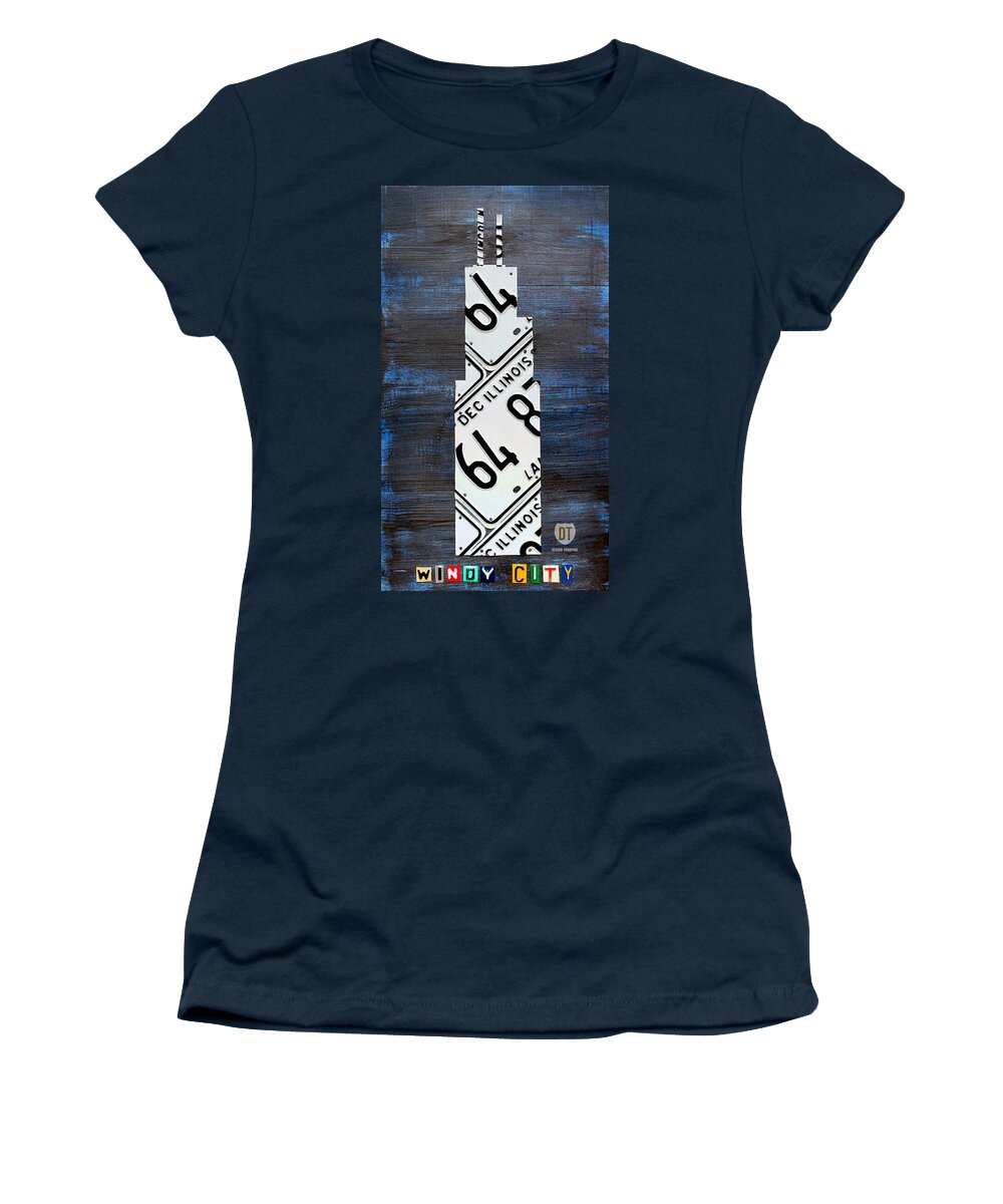 Chicago Women's T-Shirt featuring the mixed media Chicago Windy City Harris Sears Tower License Plate Art by Design Turnpike