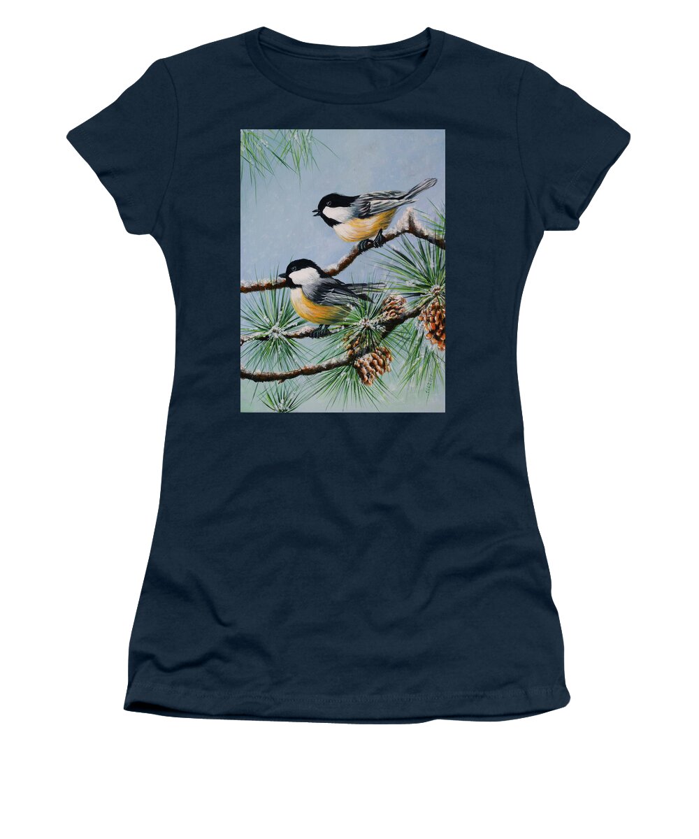 Chickadees Women's T-Shirt featuring the painting Chickadees by Theresa Cangelosi