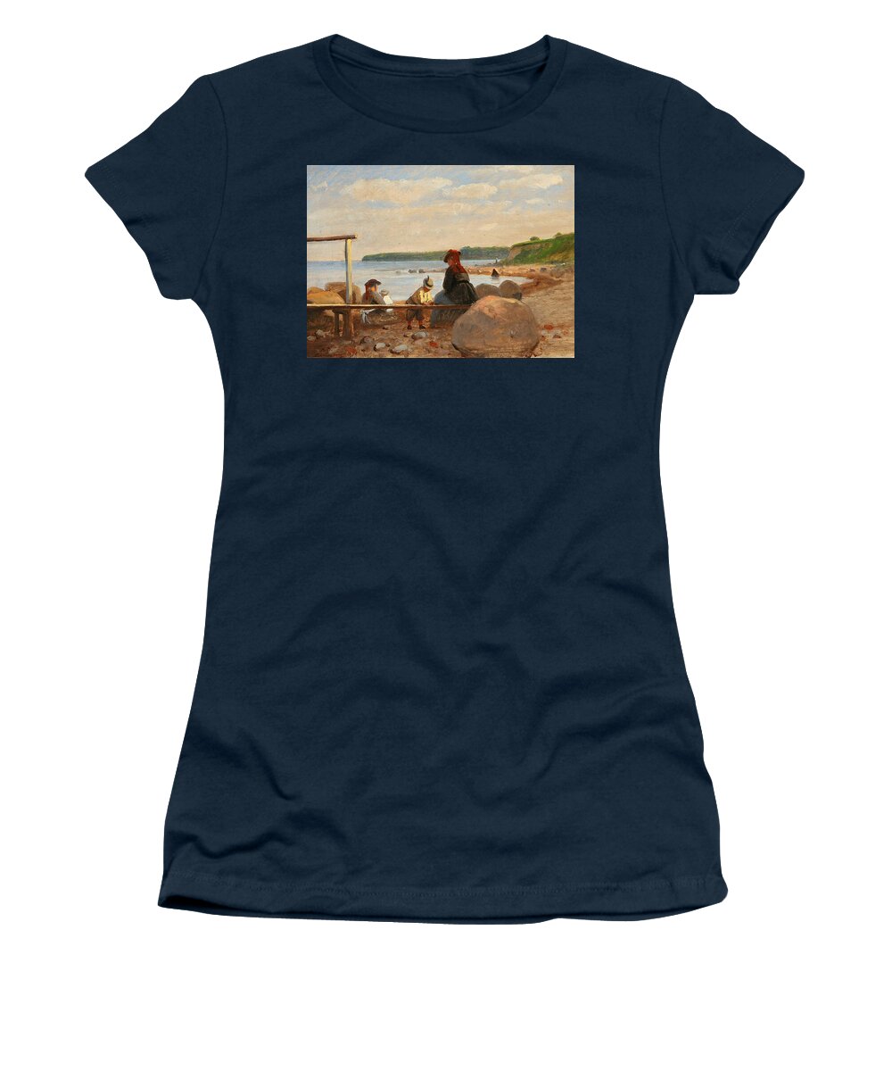 Anton Dorph Women's T-Shirt featuring the painting Children and their mothers on Lundeborg Beach. Denmark by Anton Dorph