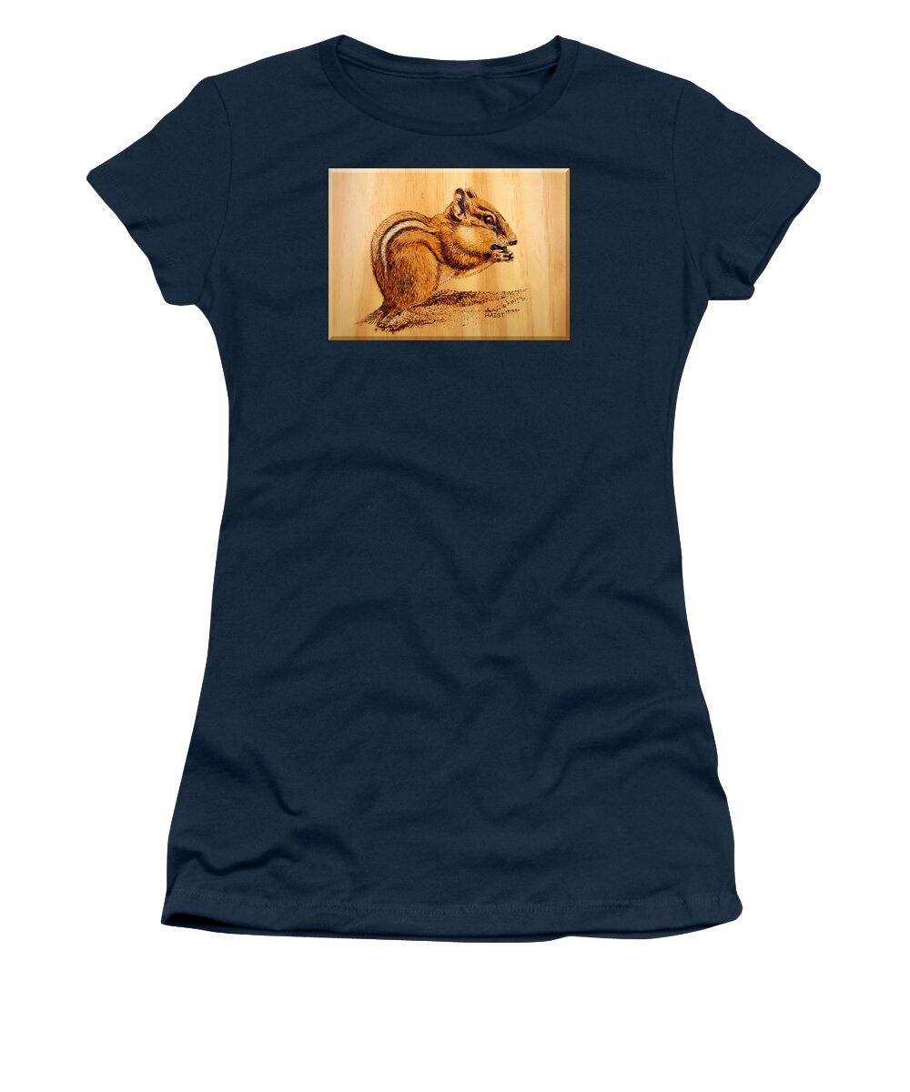 Chipmunk Women's T-Shirt featuring the pyrography Chippies Lunch by Ron Haist