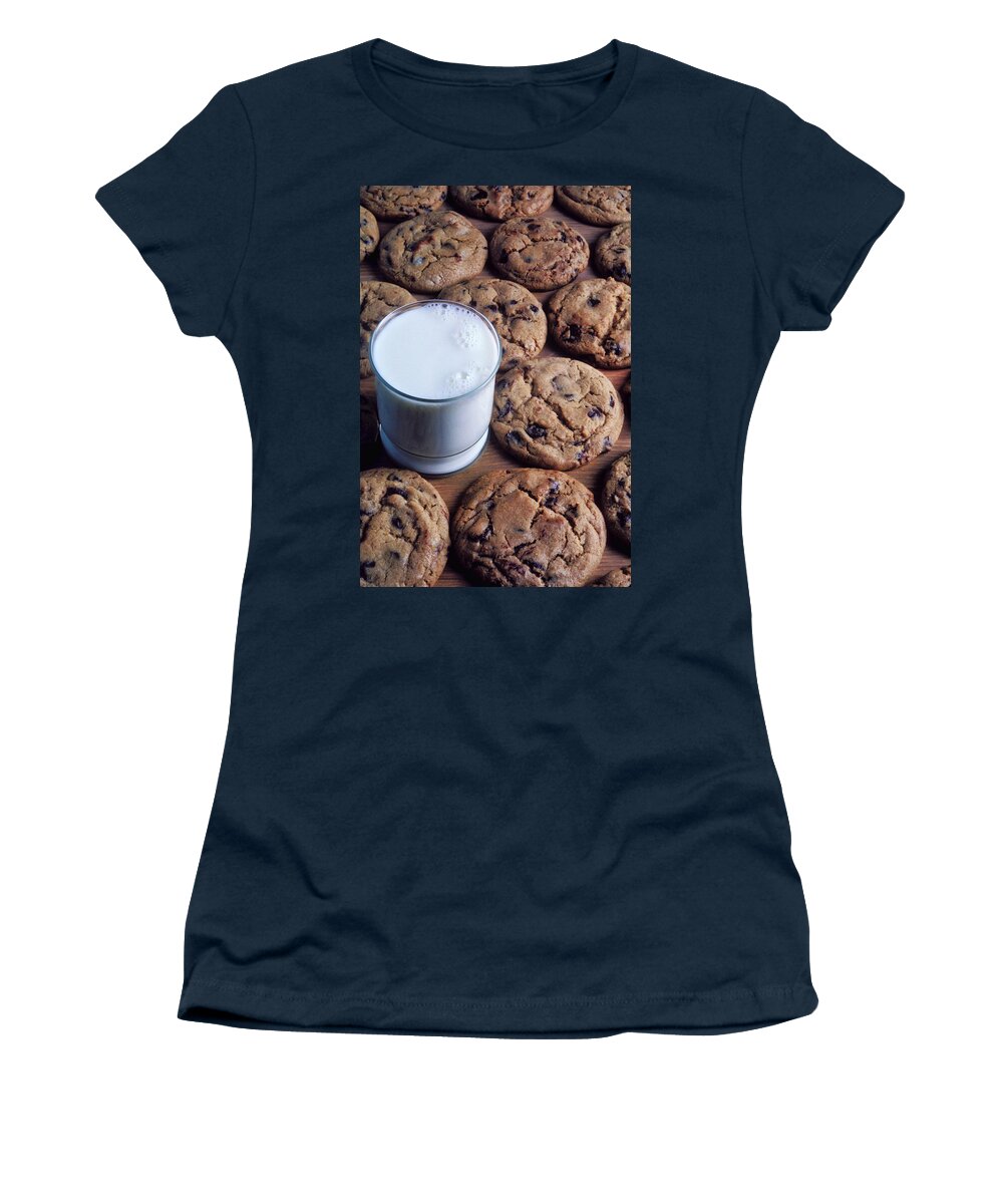Chocolate Chip Women's T-Shirt featuring the photograph Chocolate chip cookies and glass of milk by Garry Gay
