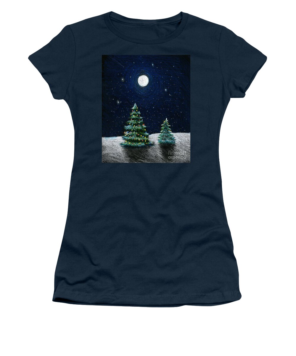 Christmas Trees Women's T-Shirt featuring the drawing Christmas Trees in the Moonlight by Nancy Mueller