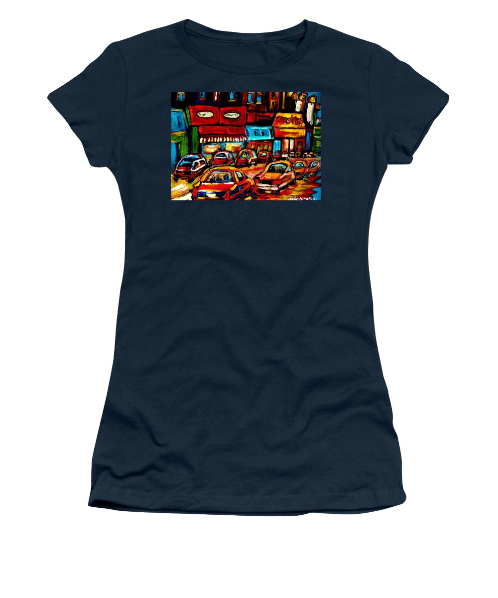 Montreal Women's T-Shirt featuring the painting City At Night Montreal Street Scenes by Carole Spandau