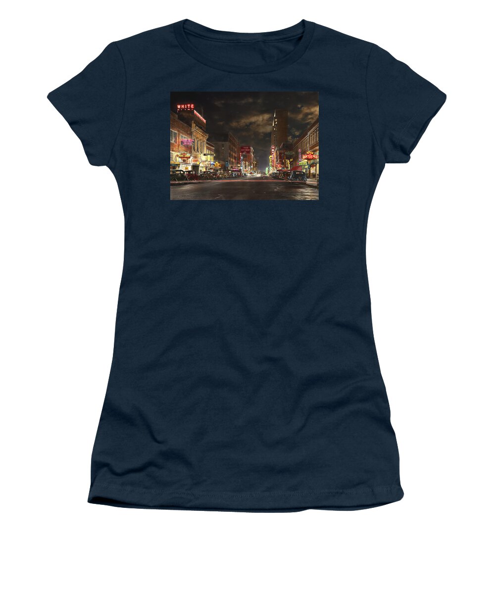 Color Women's T-Shirt featuring the photograph City - Dallas TX - Elm street at night 1941 by Mike Savad