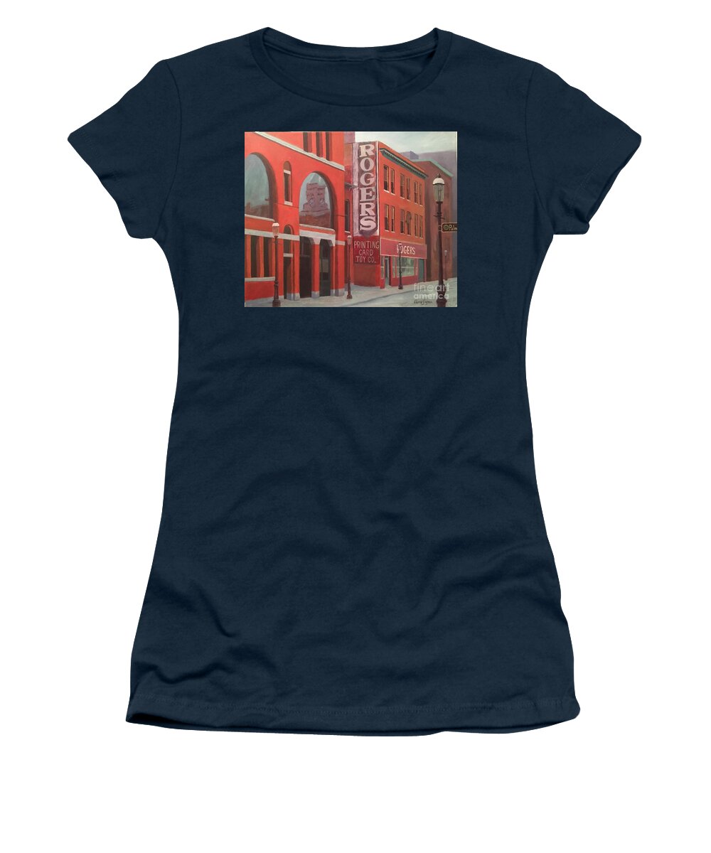 Cityscape Women's T-Shirt featuring the painting City Hall Reflection by Claire Gagnon